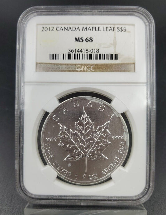 2012 Canada Maple Leaf $5 Coin .999 Silver 1 oz NGC MS68 Some Toning Gem BU