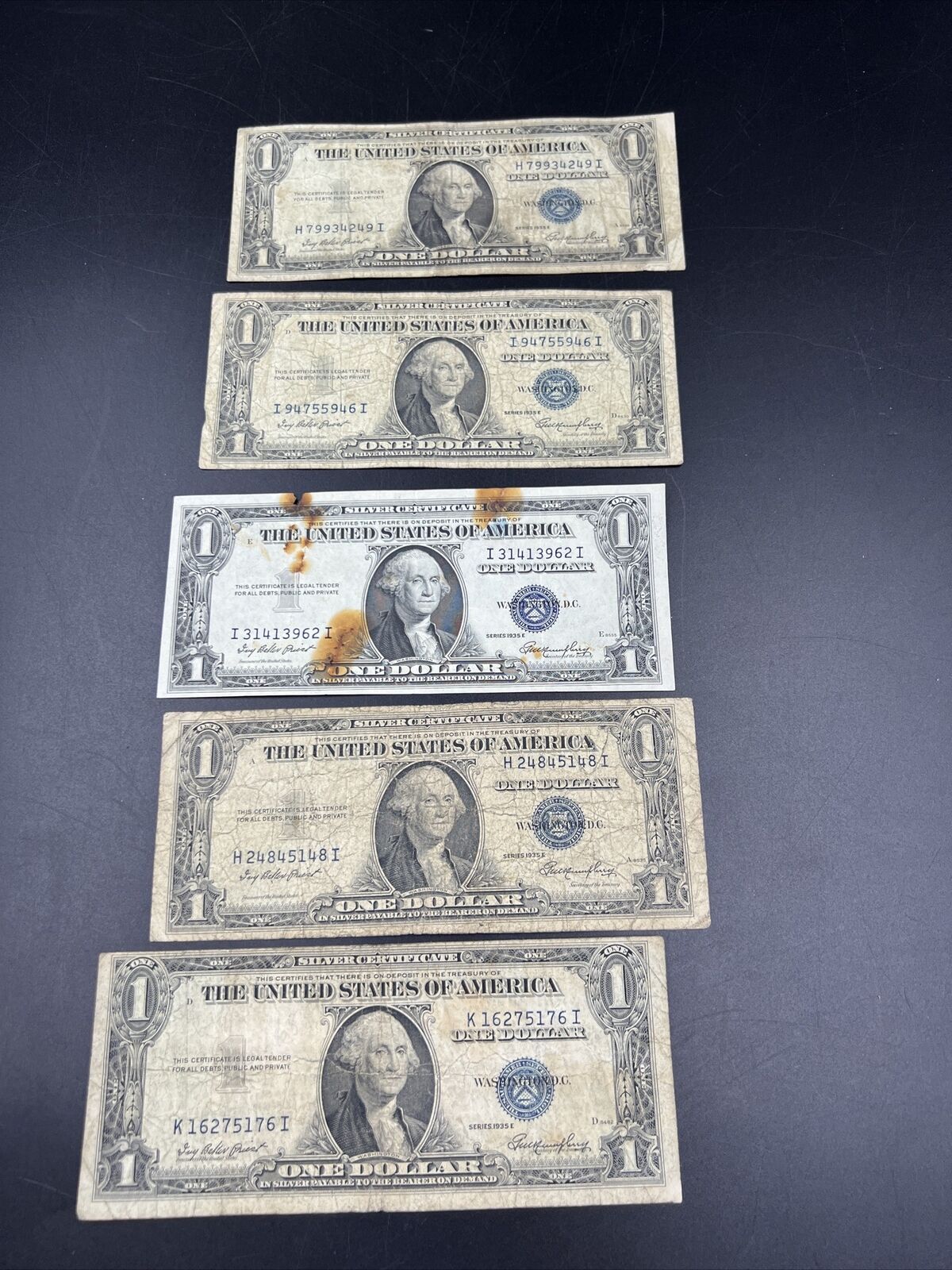 Lot of 5 1935 $1 Silver Certificate Blue Seal Bills Notes Very Circ #176