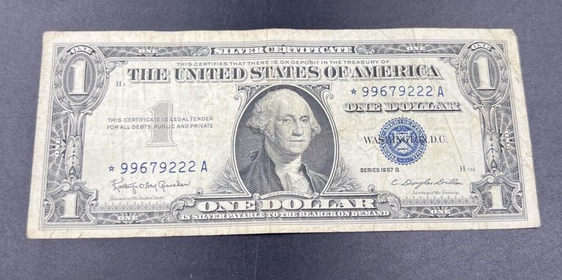 1957 $1 Silver Certificate Blue Seal One Dollar Bill Note VG Repeat Serial #222