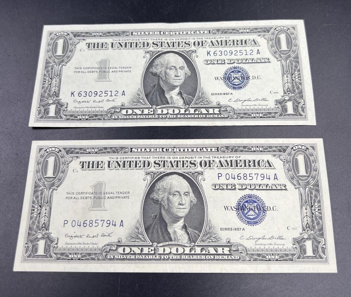 Lot of 2 1957 A $1 Silver Certificate Blue Seal Note One Dollar Bills XF