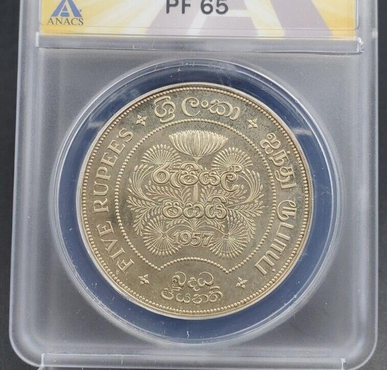 1957 5R Ceylon Silver 5 Rupees ANACS PF65 Gem Proof 2500 Years of Buddhism