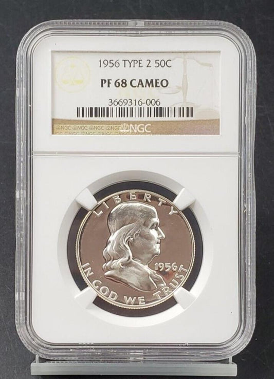 1956 P 50c Franklin Half Dollar Coin PF68 Cameo NGC Type 2 Variety GEM Proof