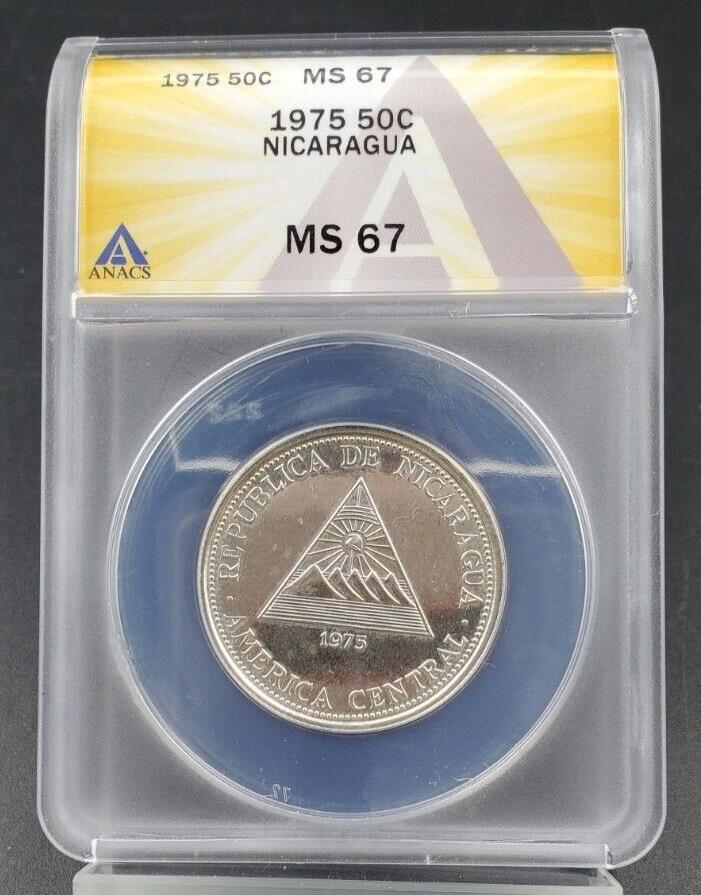 1975 NICARAGUA 50 Cordobas Silver Coin ANACS MS67 (proof like) Liberty Bell