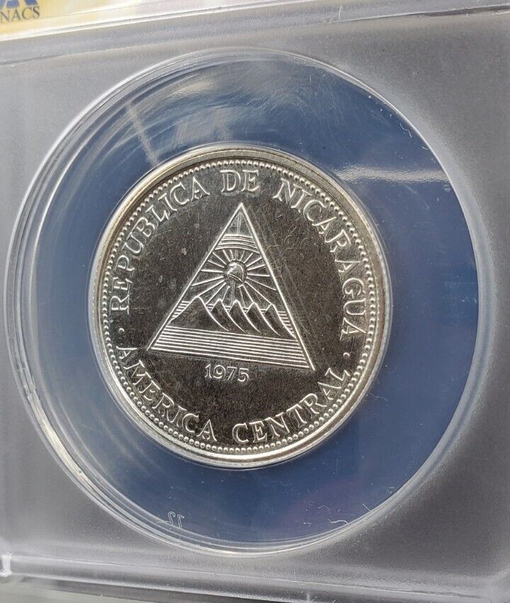 1975 NICARAGUA 50 Cordobas Silver Coin ANACS MS67 (proof like) Liberty Bell