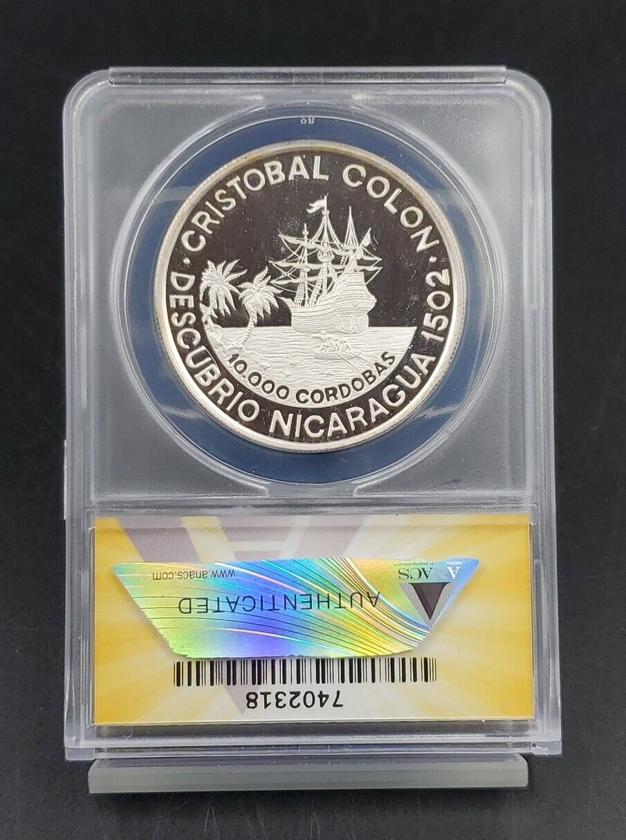 1989 Nicaragua 10000 Cordoba Silver Rare Coin ANACS PF69 DCAM