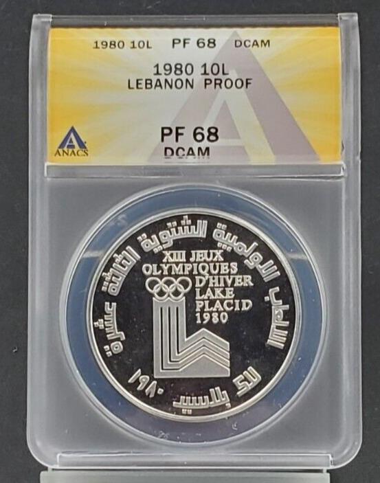 1980 Lebanon Piefort Silver 10 Livres ANACS PF68 Dcam Lake Placid Olympic Commem