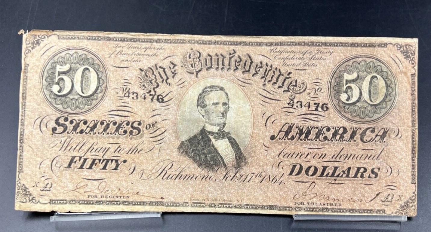 T-66 1864 $50 Confederate CSA Note Civil War Obsolete Currency Bill CH VG / Fine