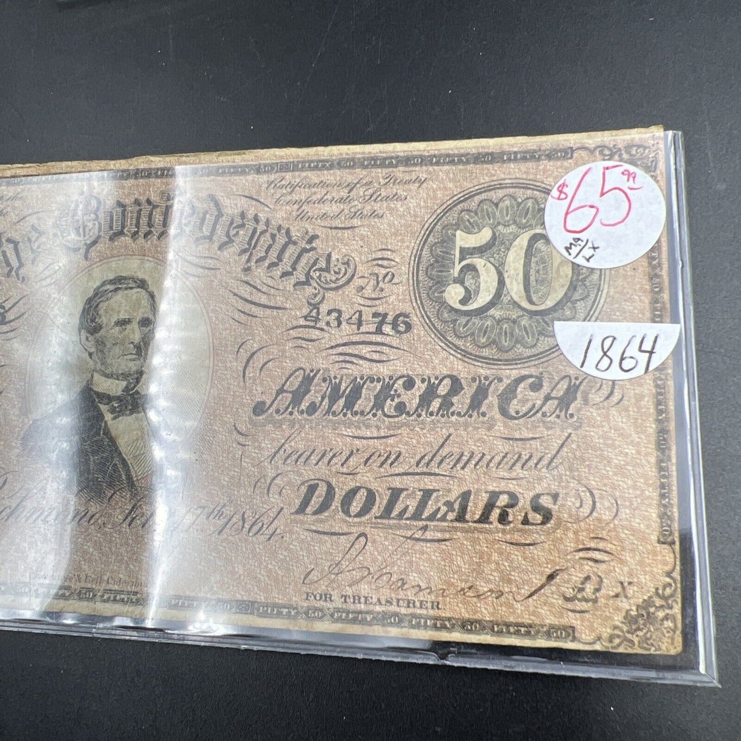 T-66 1864 $50 Confederate CSA Note Civil War Obsolete Currency Bill CH VG / Fine