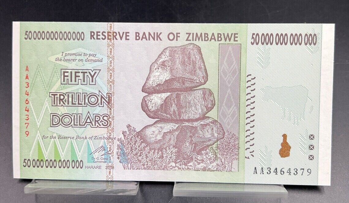 Zimbabwe 50 TRILLION DOLLAR BILL AA 2008 Choice UNC P-90 Authentic - Inflation $