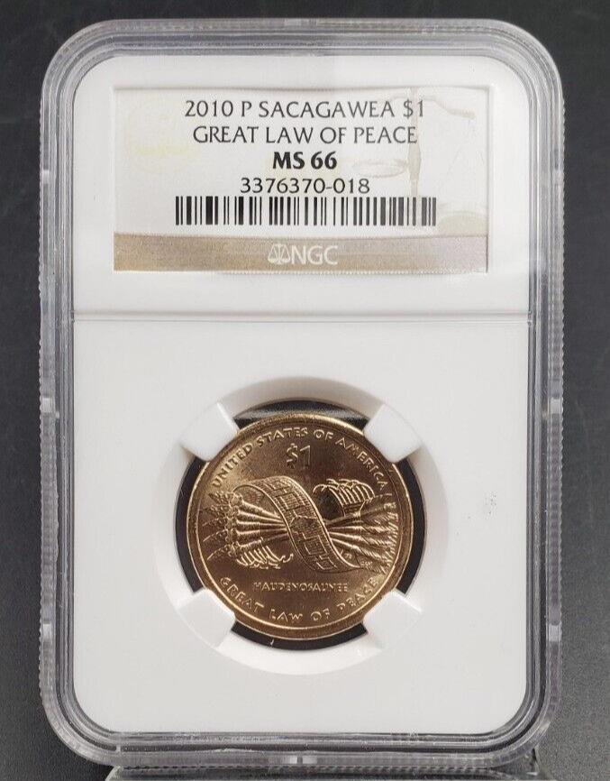 2010 P Great Law Of Peace Sacagawea Native Brass Dollar Coin NGC MS66