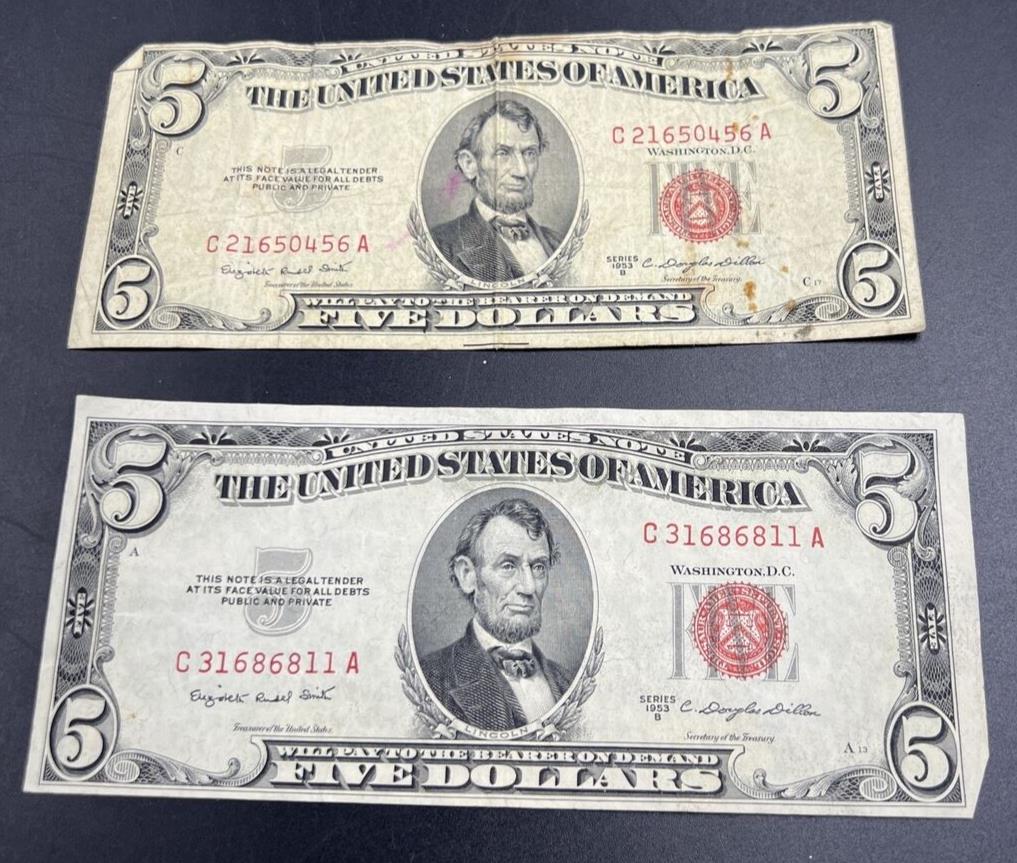 Lot of 2 Cull 1953 B $5 Five Dollar Red Seal Legal Tender Notes Very Circulated