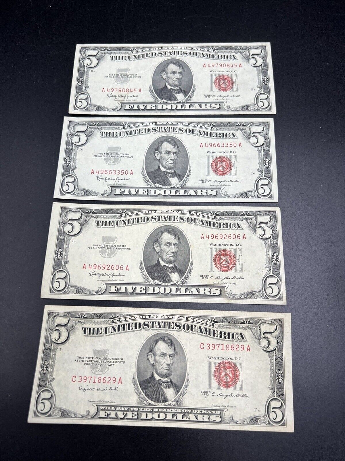 Lot of 4 1963 1953 $5 Five Dollar United States Red Seal Legal Tender CH VF