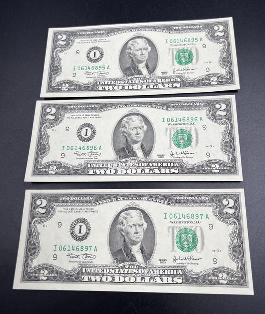 3 Consecutive 2003 $2 Two Dollar Bills Federal Reserve Notes CH Choice UNC