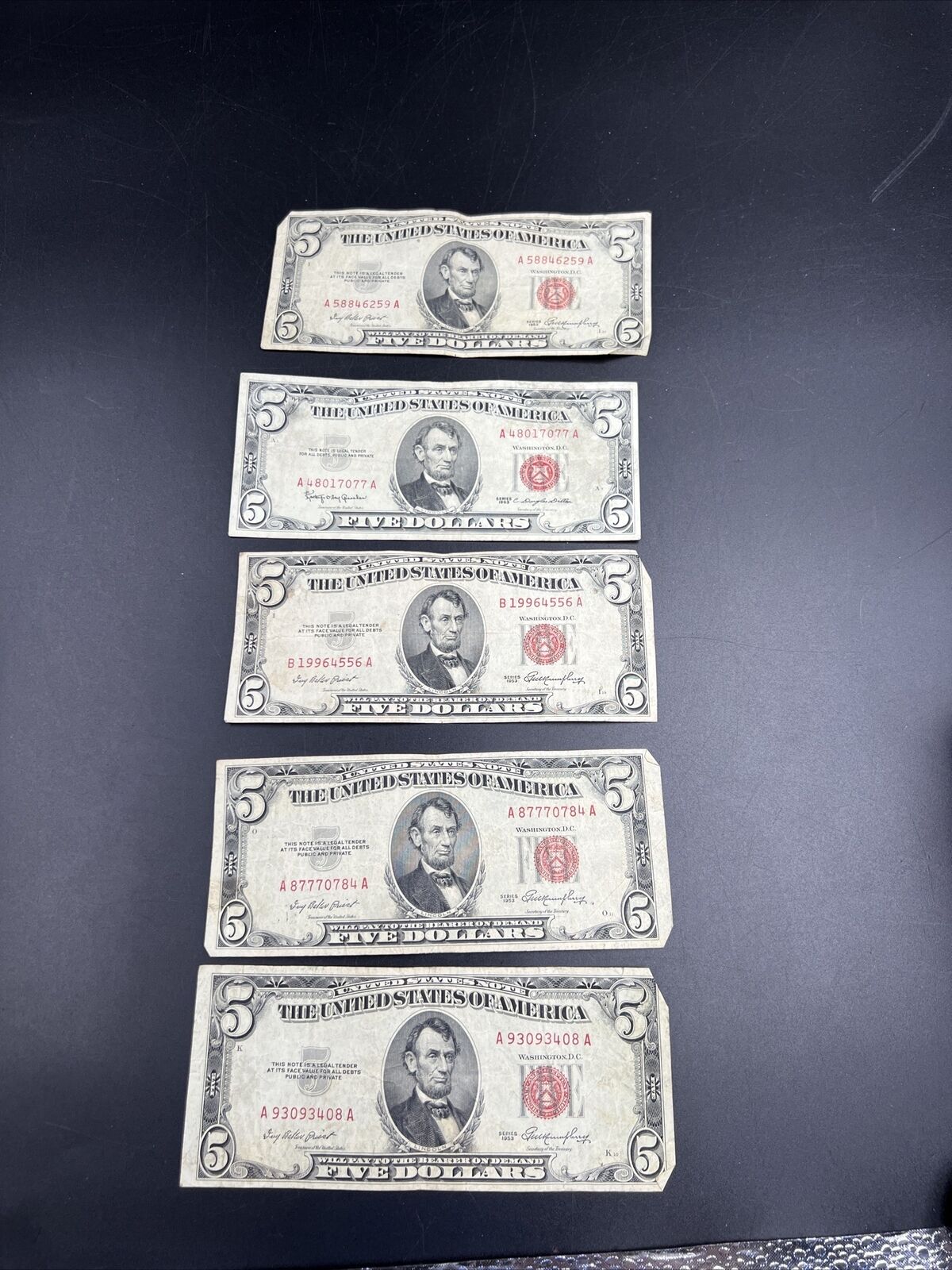 Lot of 5 1953 $5 Five Dollar Red Seal Legal Tender Banknotes US Currency VG+ #08