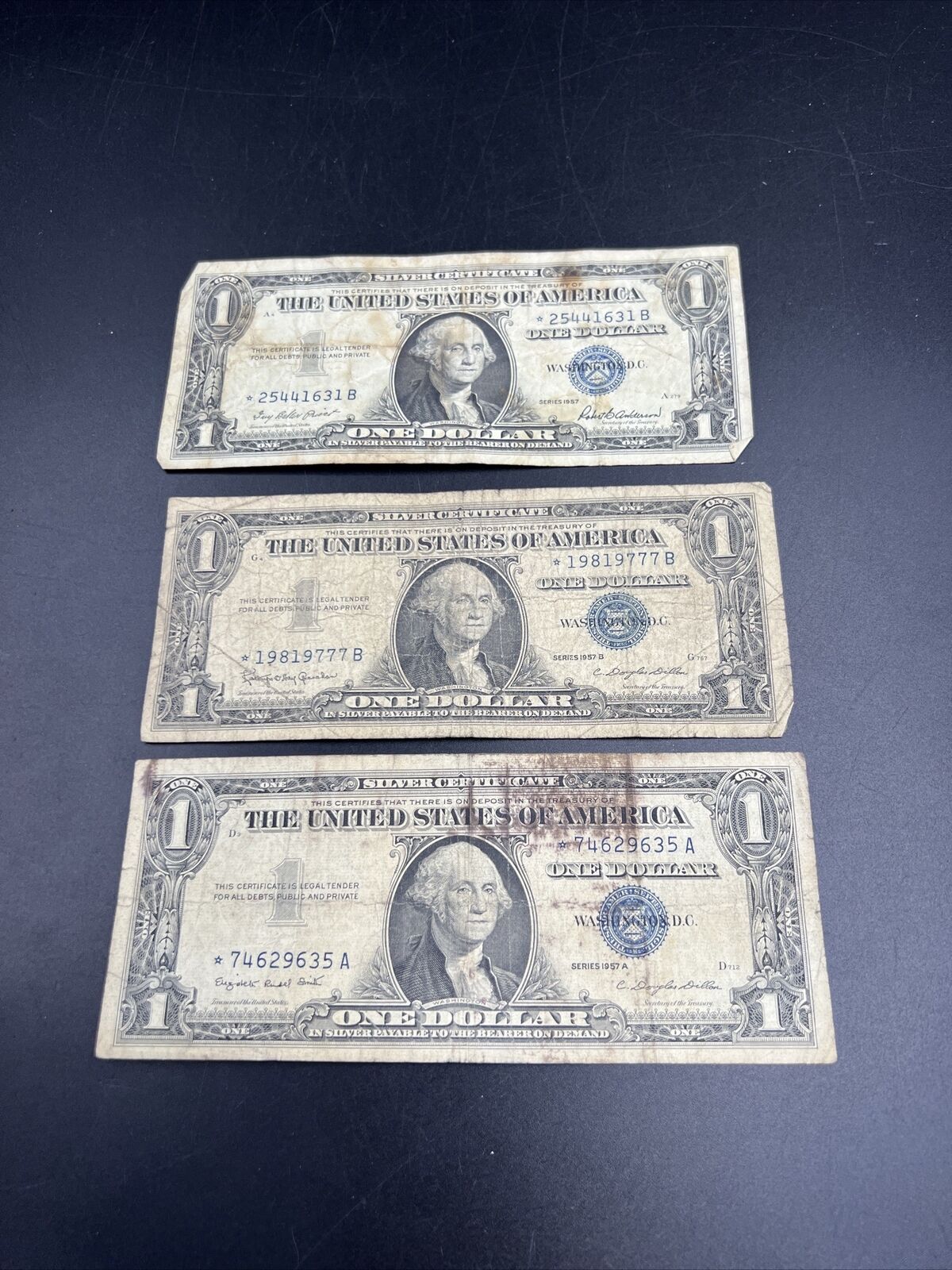 Lot of 3 1957 * Star Note Silver Certificates Very Circulated Blue Seal Note #35
