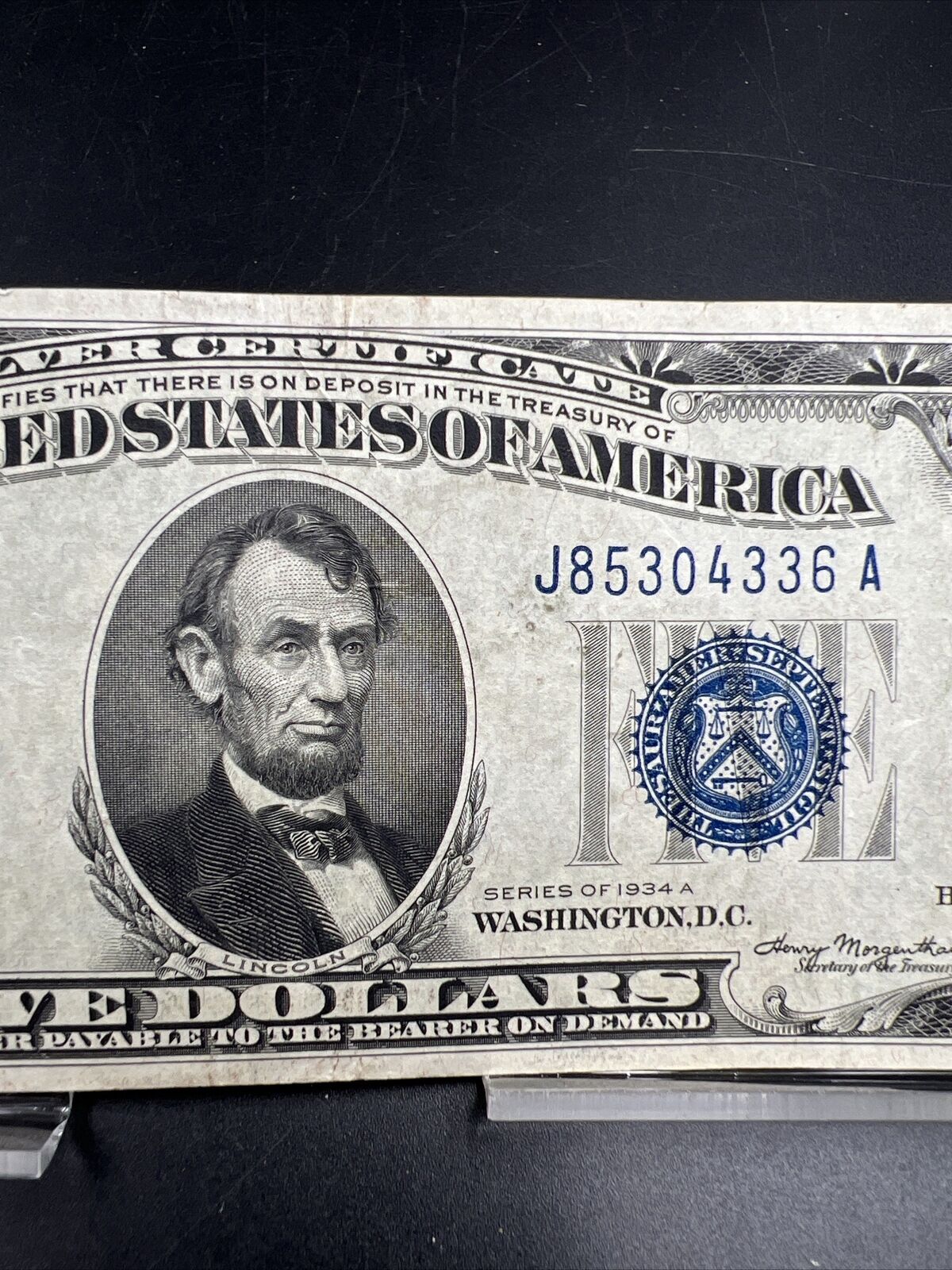 1934 A $5 Five Dollar Silver Certificate Blue Seal Note Bill CH AU About UNC #JA