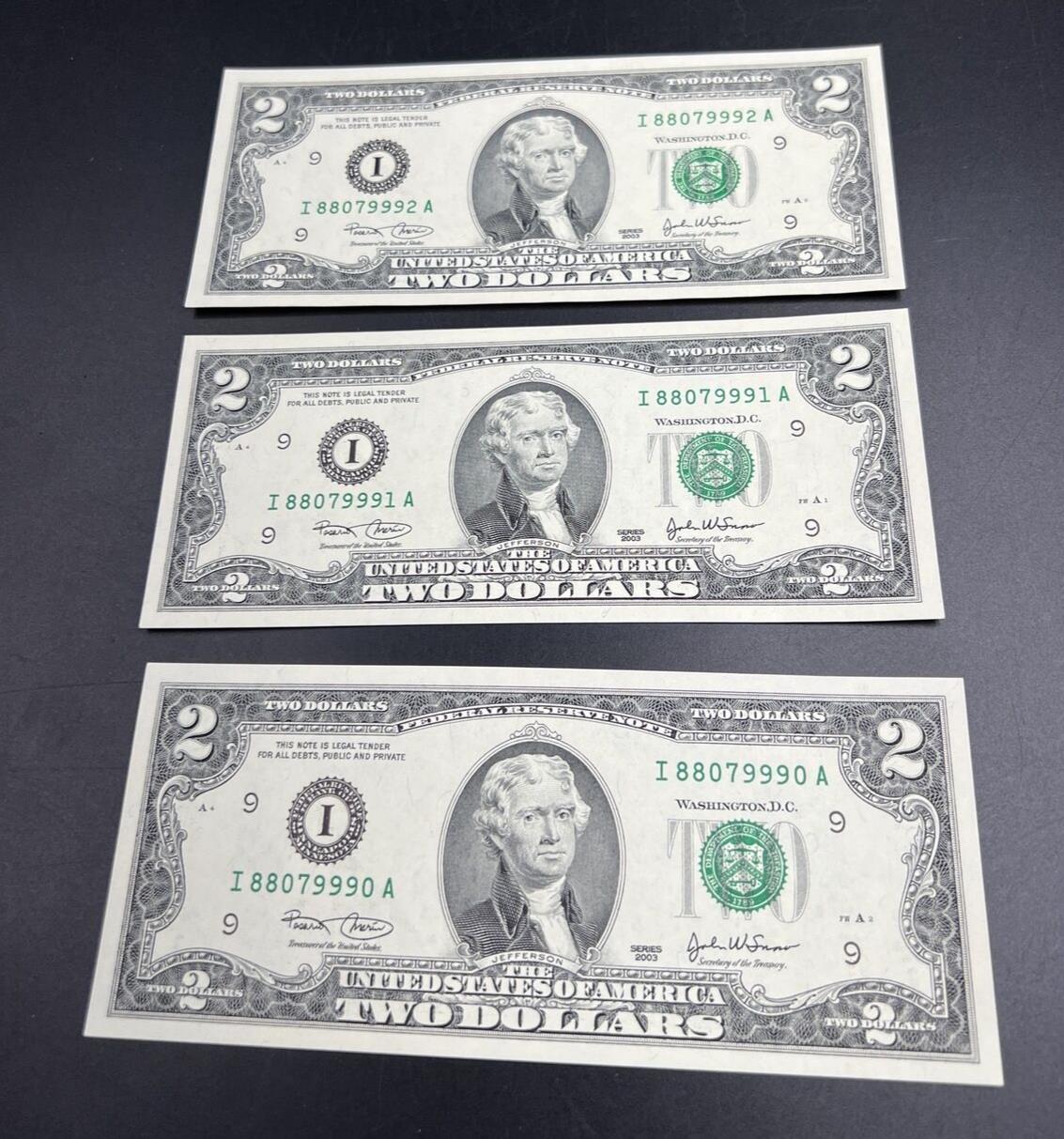 3 Consecutive 2003 $2 Two Dollar Bills w/ Repeat Serial Numbers #999 CH UNC