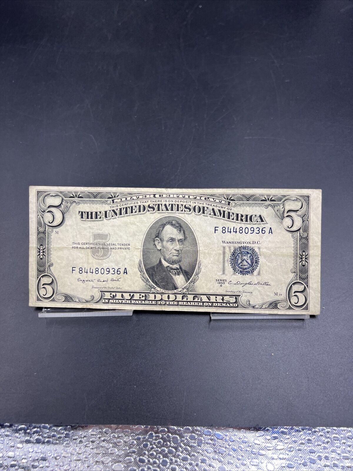 1953 B $5 Silver Certificate Blue Seal US Currency Bill Circ Fine #936