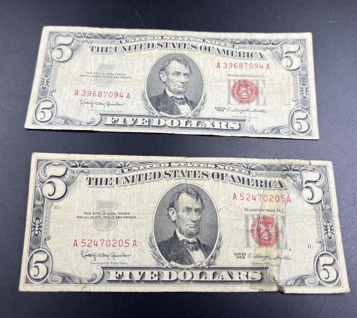 Lot of 2 Cull 1963 $5 Five Dollar Red Seal Legal Tender Notes Very Circulated
