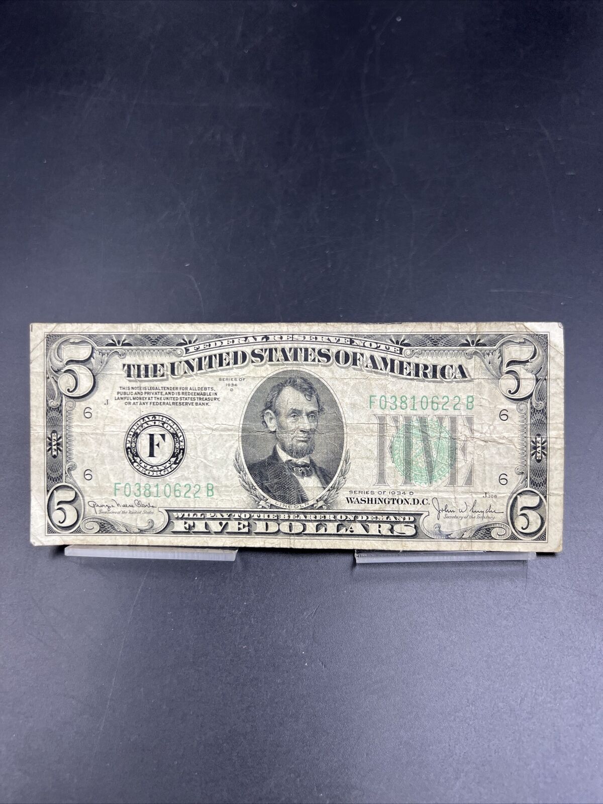 1934 D $5 Five Dollar FRN Atlanta Federal Reserve Note VG Circ #622