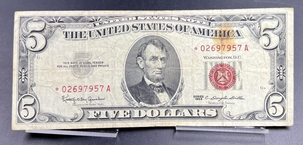 1963 * Star Note $5 Five Dollar United States Red Seal Circ VG Very Good