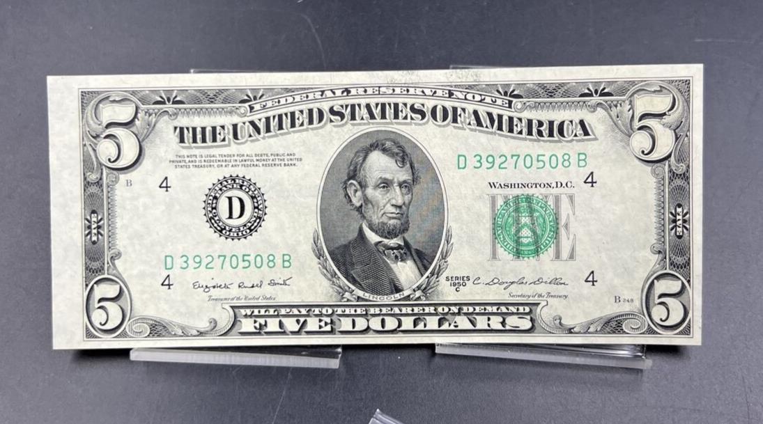 1950 C $5 Five Dollar FRN Federal Reserve Note Bill CU UNC Slight Off Center #08