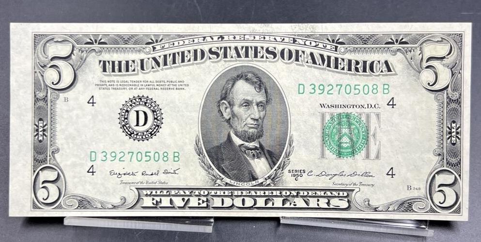 1950 C $5 Five Dollar FRN Federal Reserve Note Bill CU UNC Slight Off Center #08