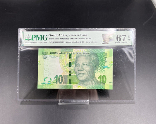 2013 10R South Africa Nelson Mandela 10 Rand Note PMG 67 EPQ S/N CBA Gem UNC