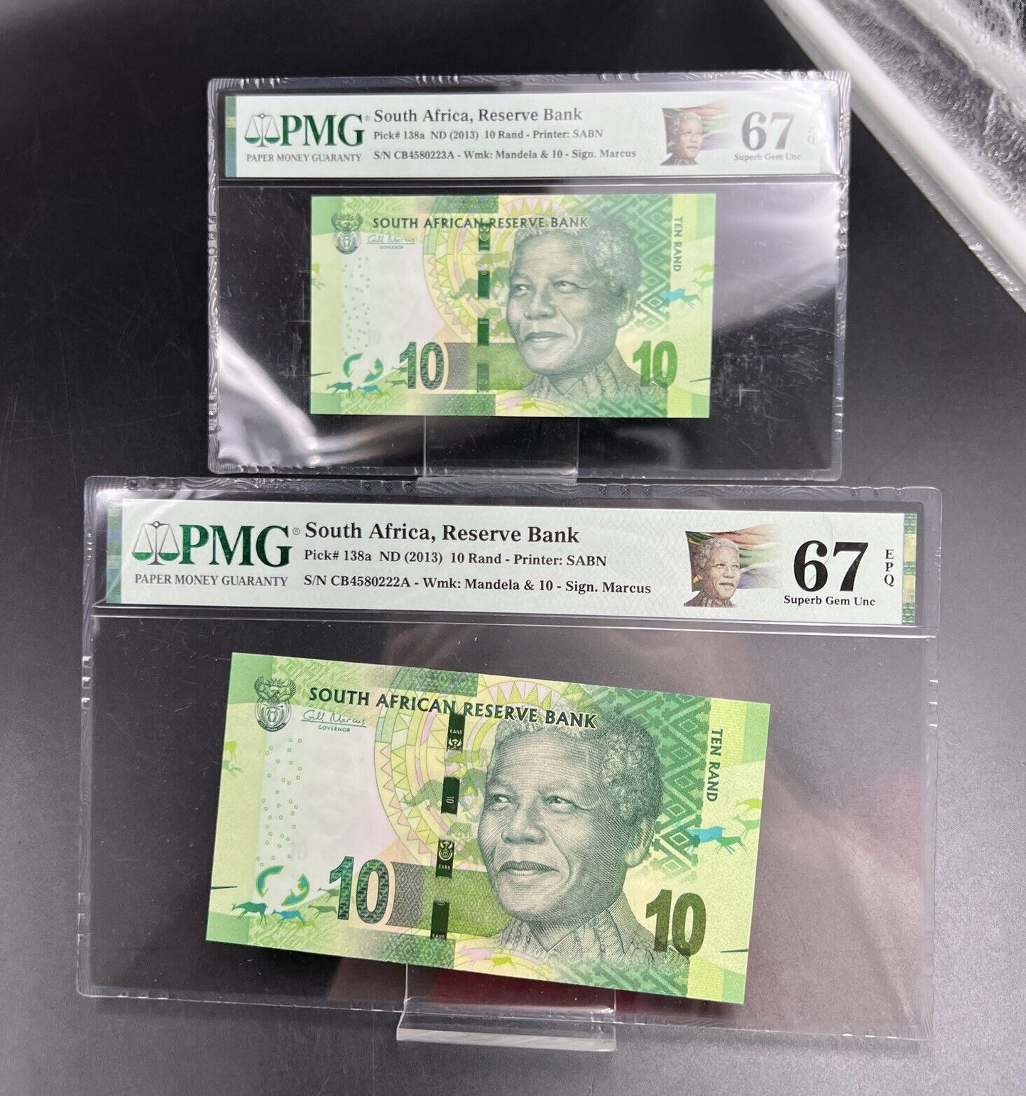 2 Consecutive Bills 2013 10R South Africa Nelson Mandela 10 Rand Note PMG 67 EPQ