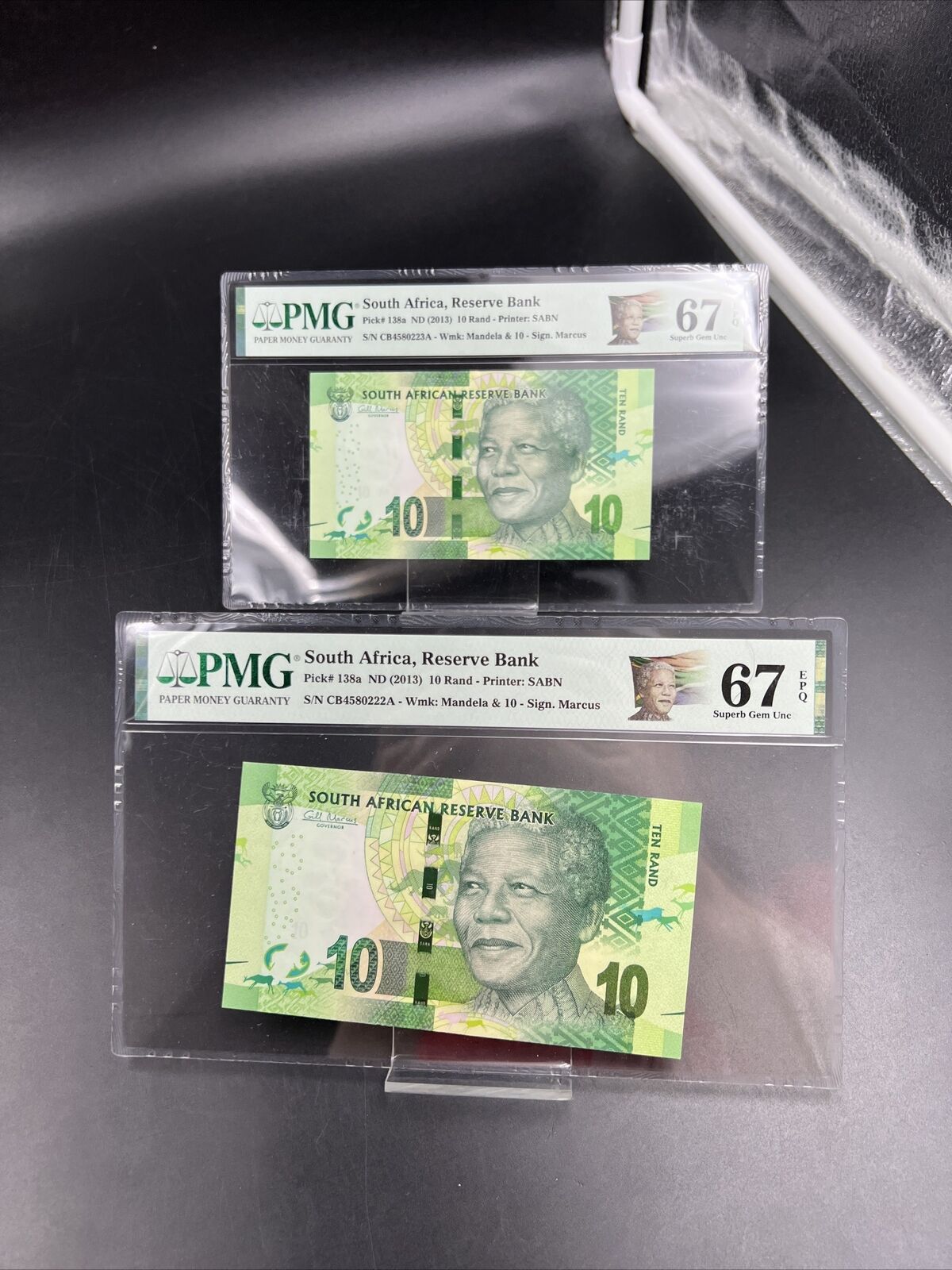 2 Consecutive Bills 2013 10R South Africa Nelson Mandela 10 Rand Note PMG 67 EPQ
