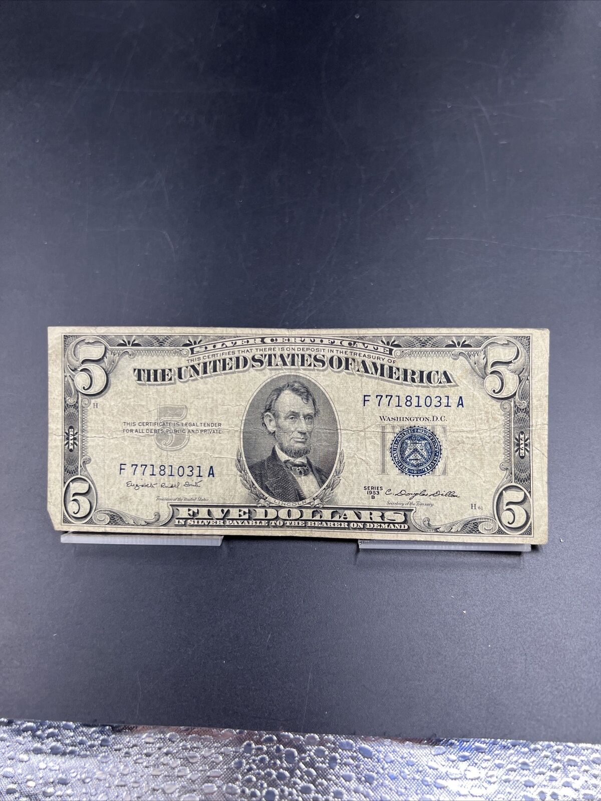 1953 B $5 Silver Certificate Blue Seal US Currency Bill Circ VG #031