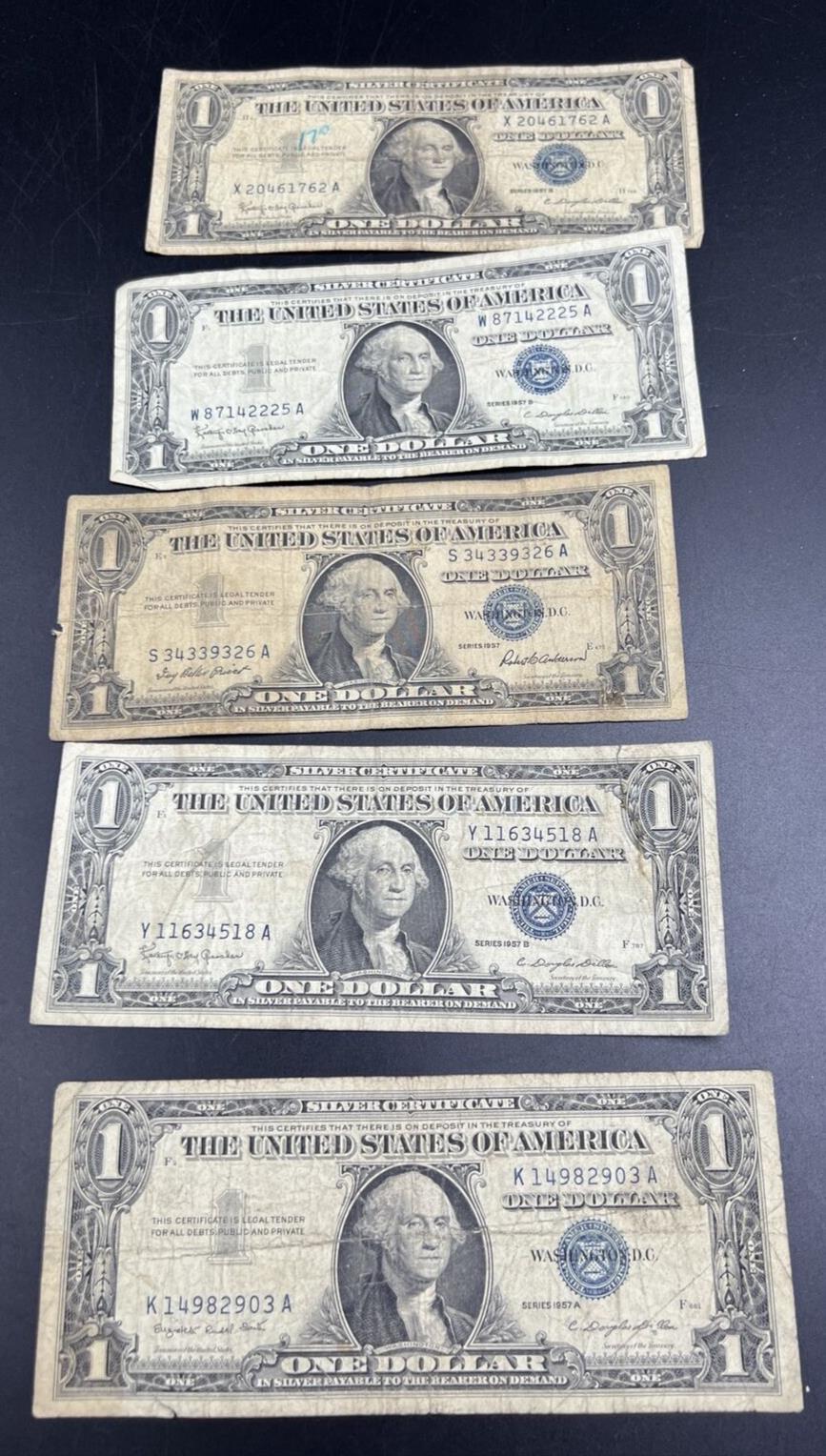Lot of 5 1957 $1 One Dollar Blue Seal Silver Certificate Note Bills G Circ #903