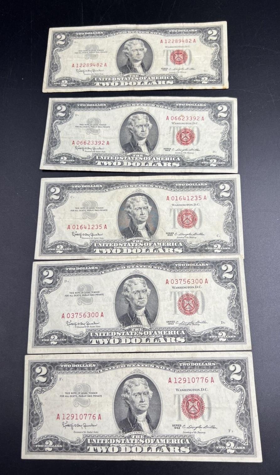 Lot of 5 1963 $2 US Two Dollar Currency Legal Tender Note Red Seal Bills VG+ #76