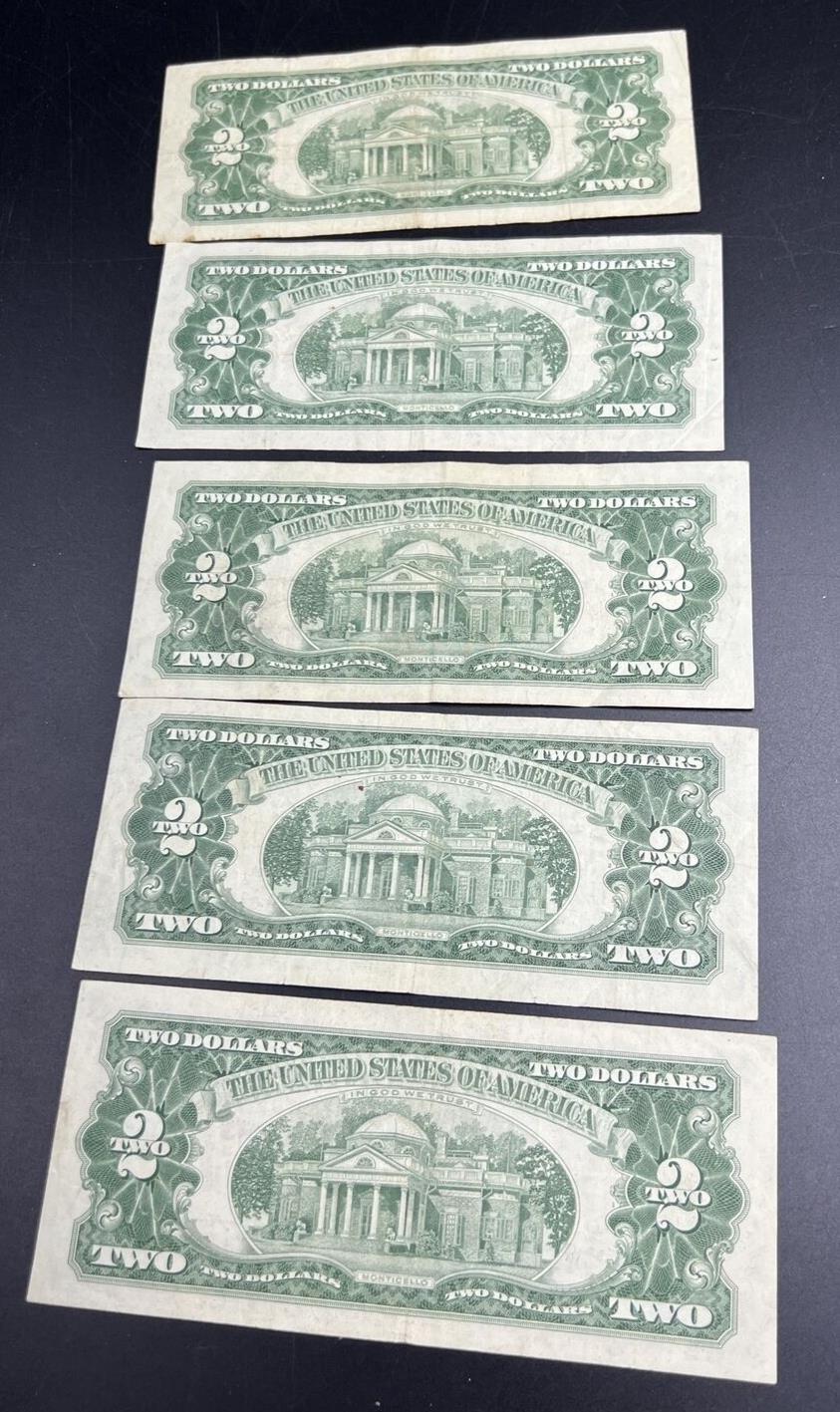 Lot of 5 1963 $2 US Two Dollar Currency Legal Tender Note Red Seal Bills VG+ #76