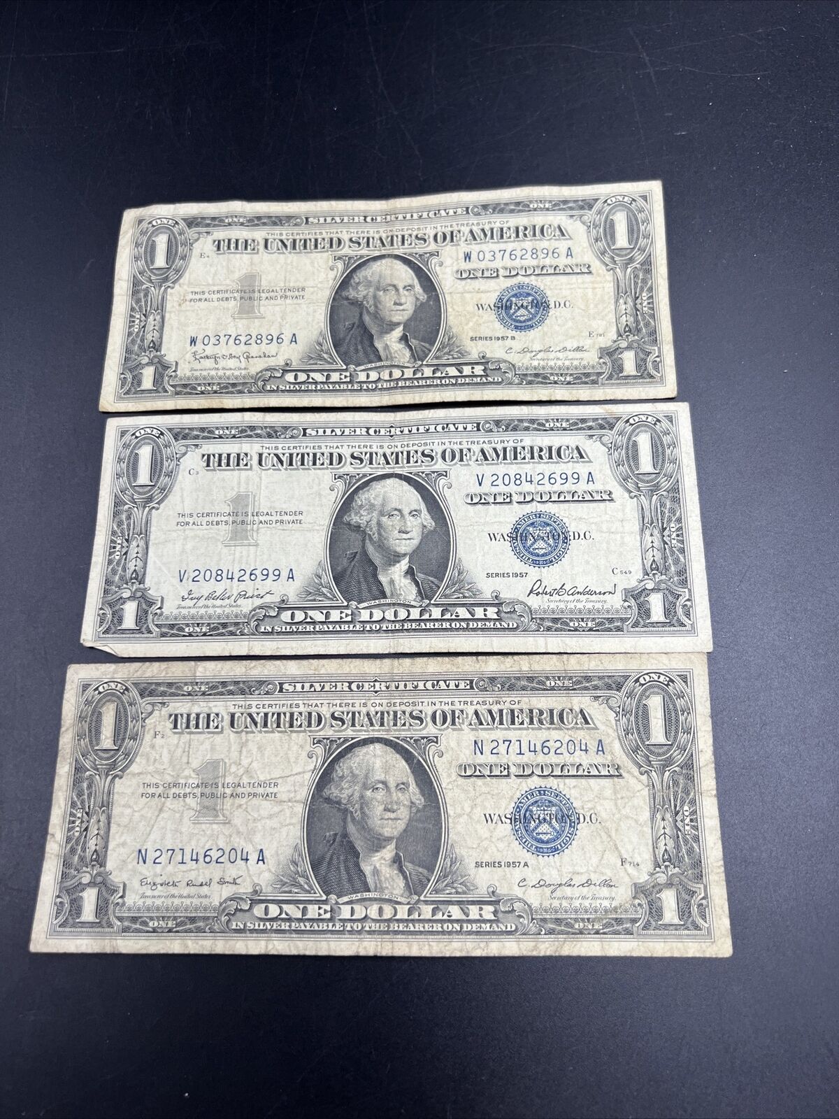 Lot of 3 Notes 1957 Silver Certificate Bill Currency US Blue Seal $1 VG Fine #04