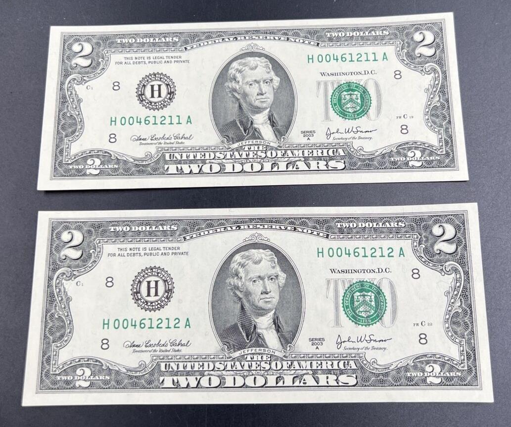 2 Consecutive 2003 A $2 FRN Federal Reserve Note Choice UNC Repeat Serial Number