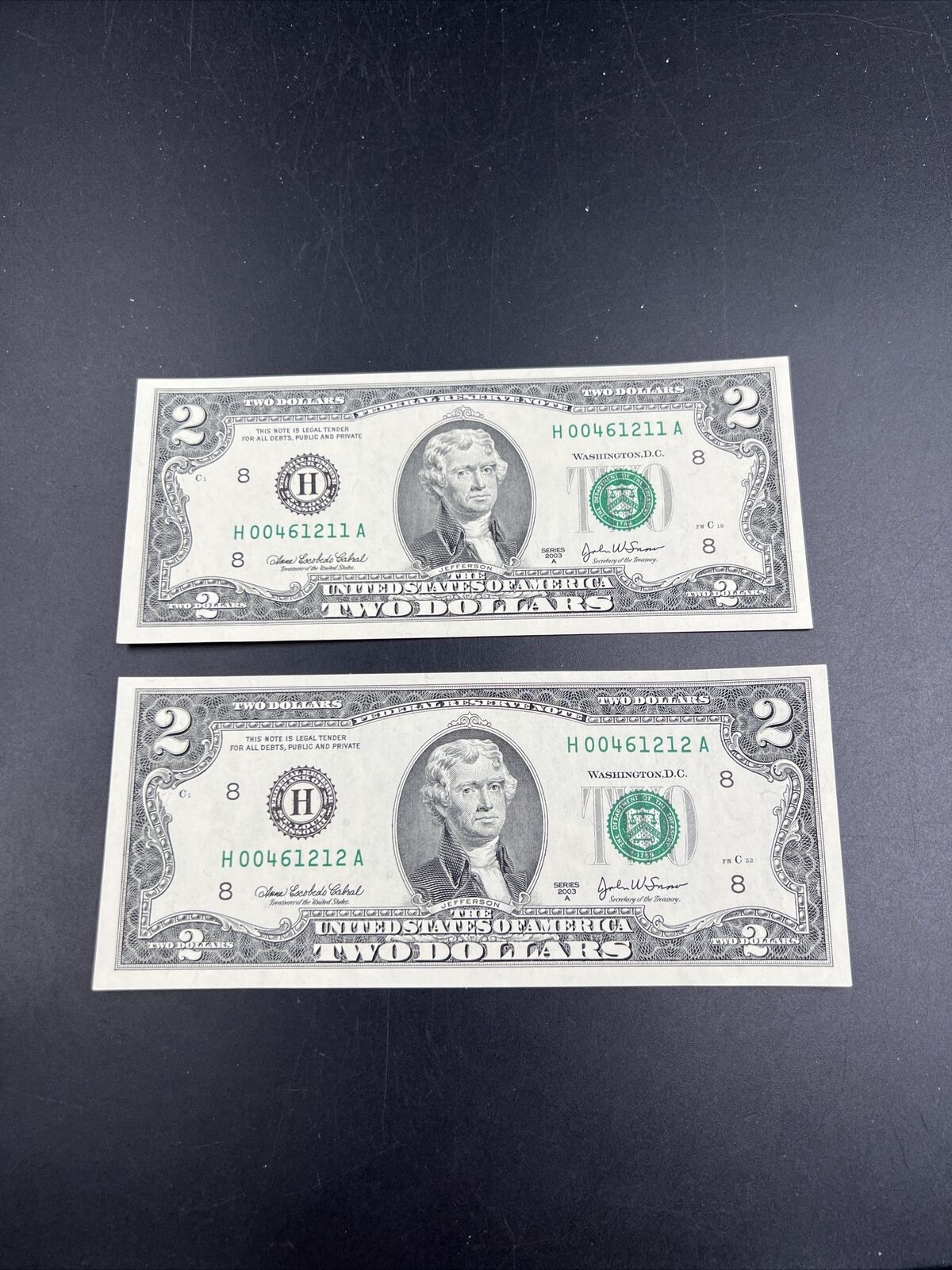 2 Consecutive 2003 A $2 FRN Federal Reserve Note Choice UNC Repeat Serial Number