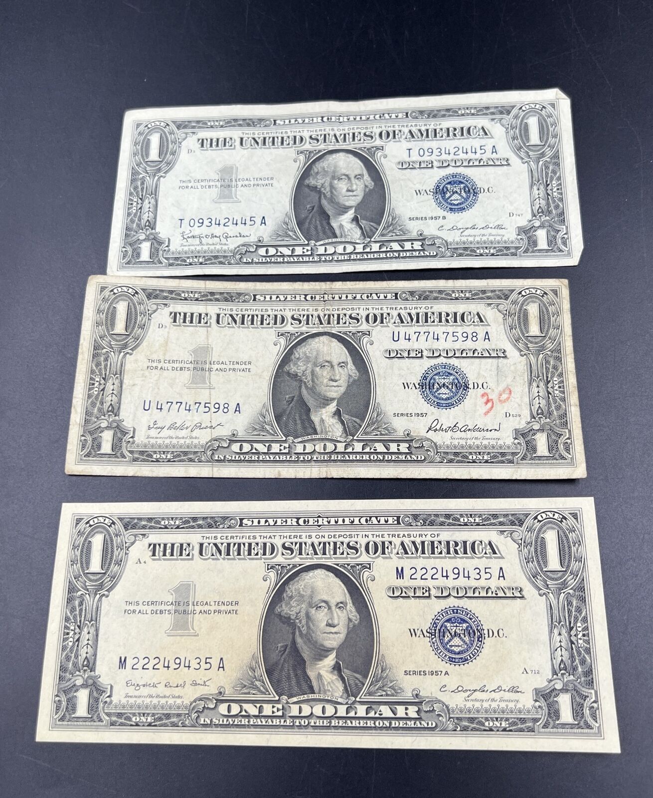 Lot of 3 1957 A B SET $1 Silver Certificate Blue Seal Notes Choice VG + #435
