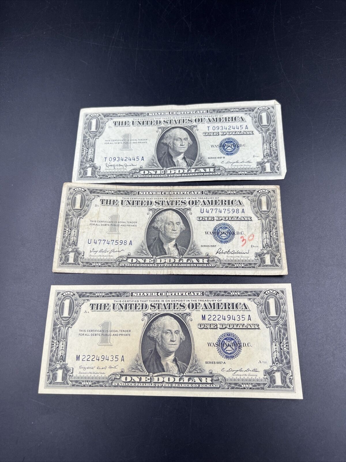 Lot of 3 1957 A B SET $1 Silver Certificate Blue Seal Notes Choice VG + #435