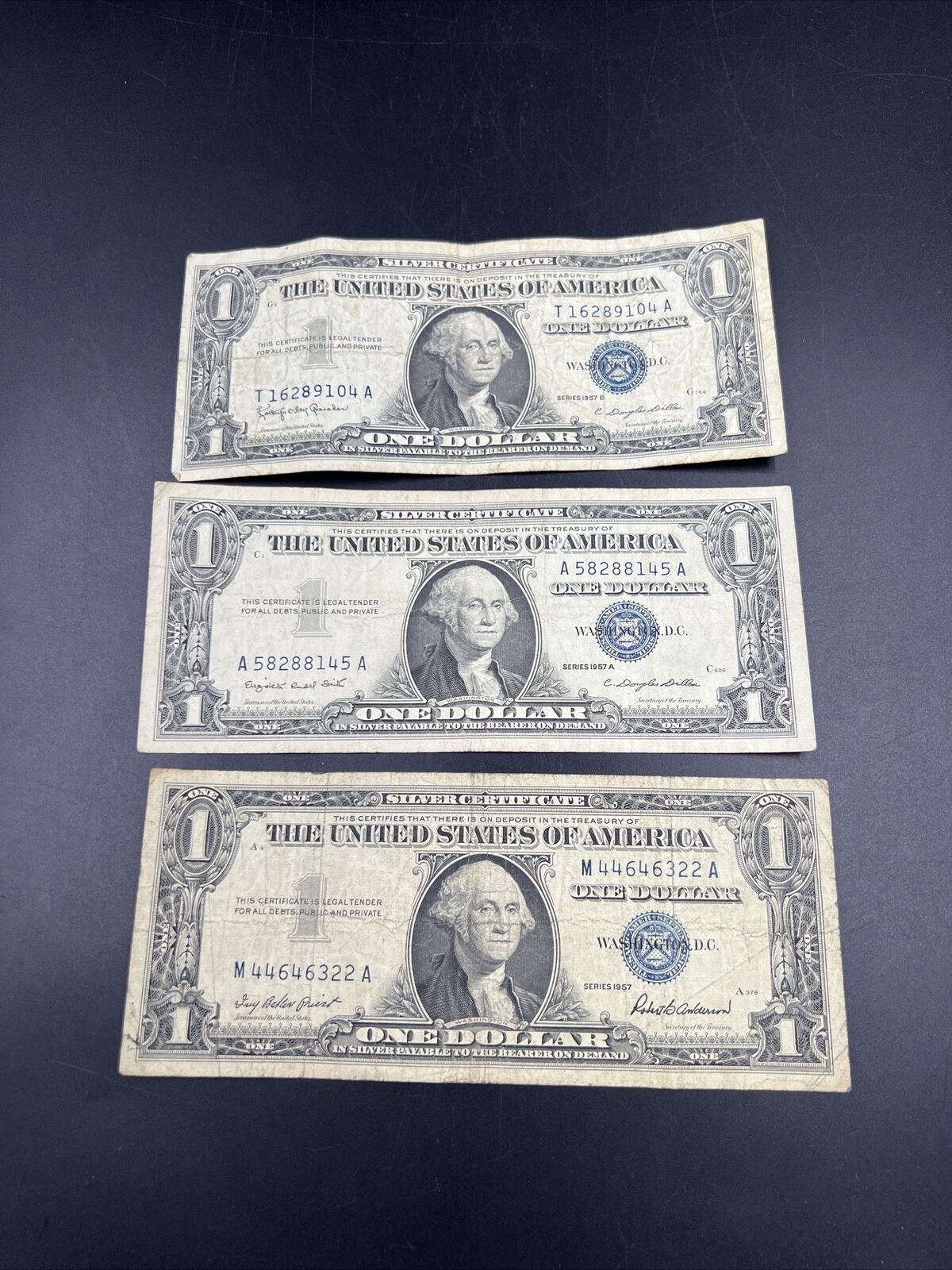 Lot of 3 1957 A B SET $1 Silver Certificate Blue Seal Notes Choice Circ #322
