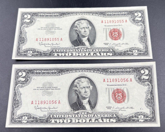 2 Consecutive 1963 $2 Two Dollar Red Seal Legal Tender Note Bills CH UNC #056