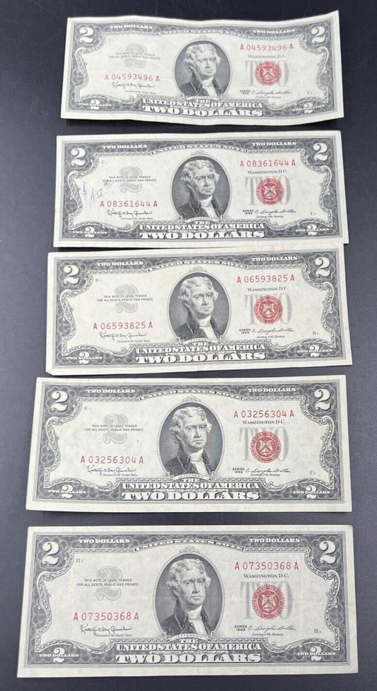 Lot of 5 1963 $2 Two Dollar Red Seal Legal Tender Banknotes VF + Circ #368