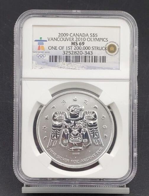 2009 Canada S$5 Vancouver 2010 Olympics NGC MS69 one of 1st struck .9999 Silver