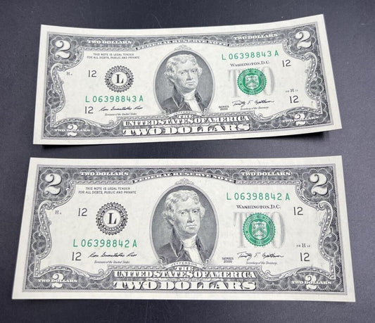 2 Consecutive 2009 $2 FRN Federal Reserve Note Choice UNC Repeat Serial #842