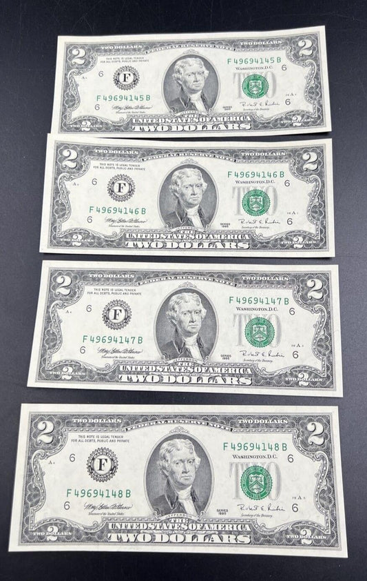 4 Consecutive 1995 $2 Two Dollar FRN Note Bills Choice UNC US Currency Banknotes