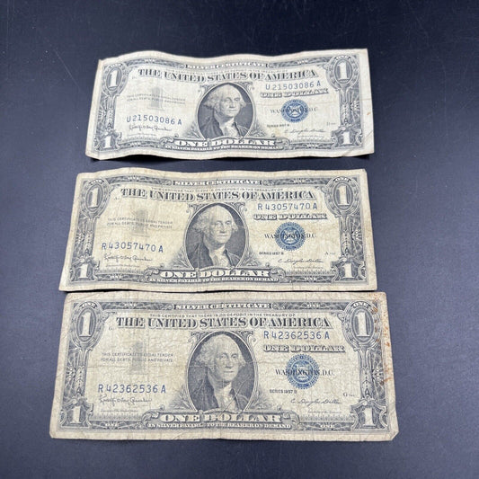 Lot of 3 1957 $1 One Dollar Silver Certificate Blue Seal Note Bills Very Circ 36