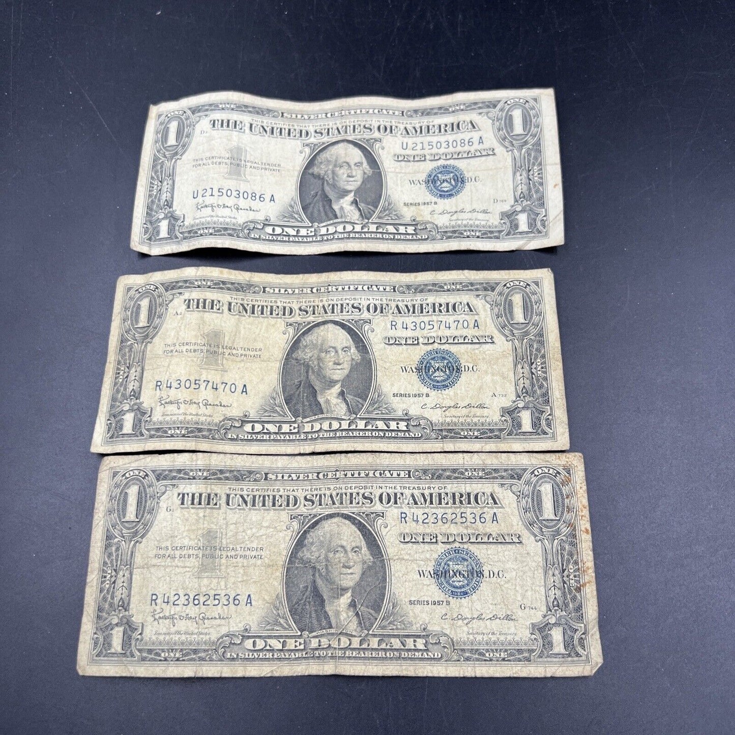 Lot of 3 1957 $1 One Dollar Silver Certificate Blue Seal Note Bills Very Circ 36