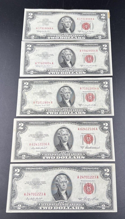 5 Note Set 1953 + ABC & 1963 $2 Two Dollar Red Seal Legal Tender Bill Notes XF+