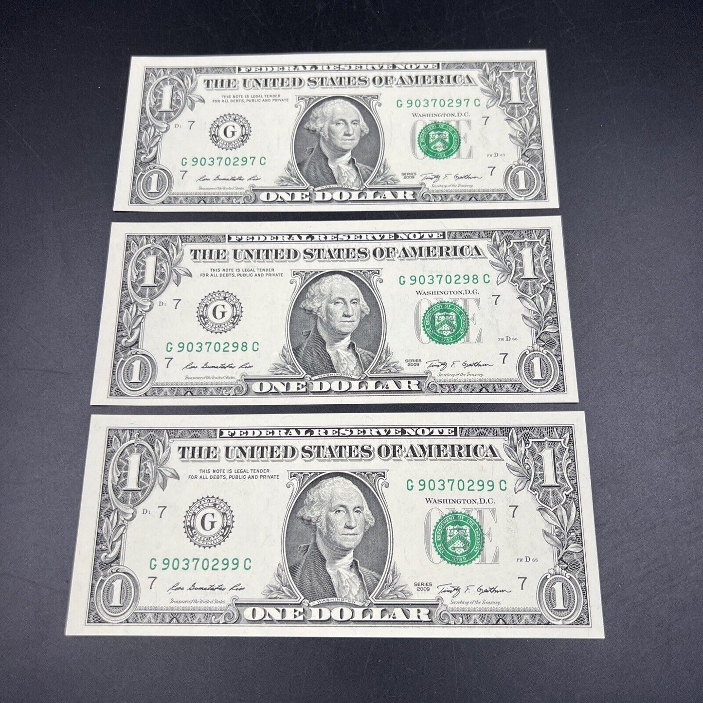 Lot of 3 Consecutive 2009 $1 FRN One Dollar Federal Reserve Notes Choice UNC