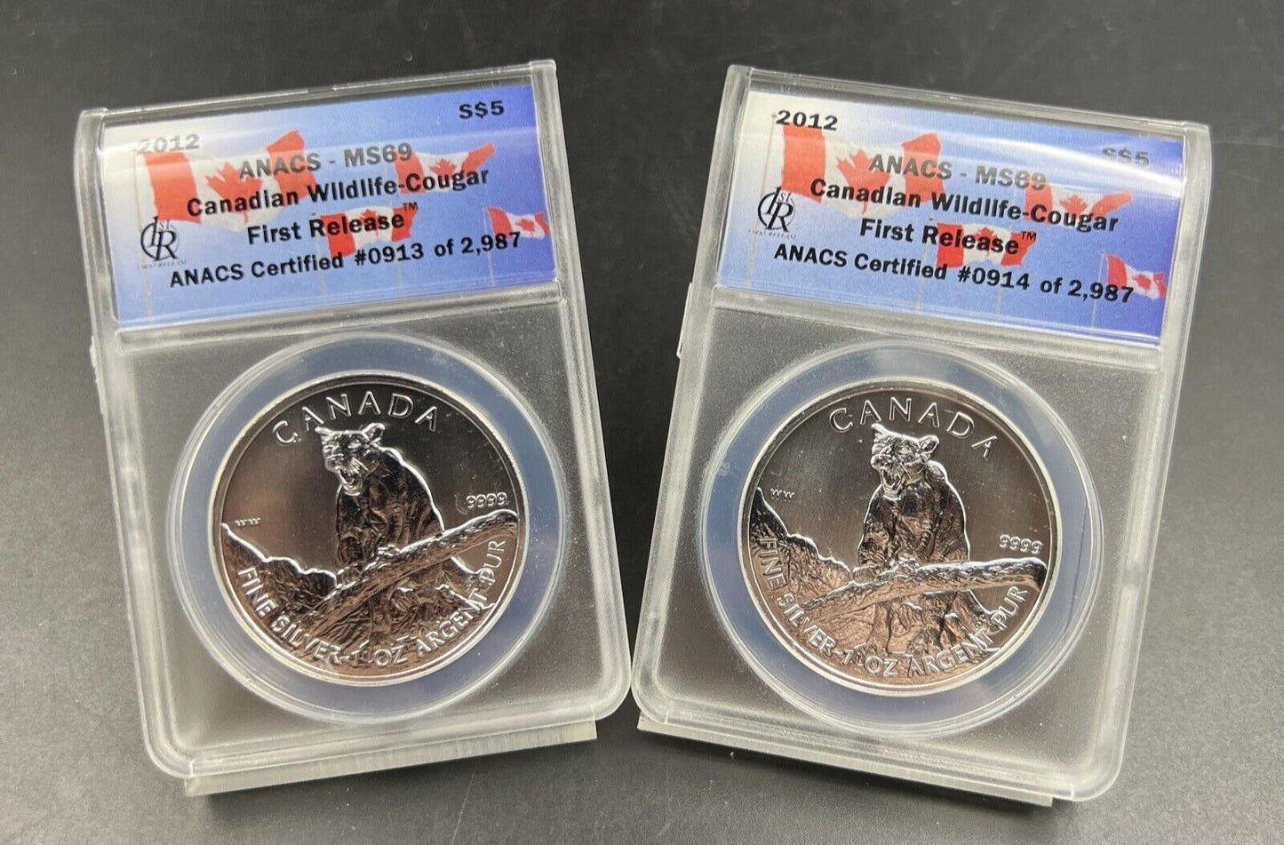 2 Consecutive Serial Number ANACS MS69 2012 1 Oz Silver Wildlife Cougar